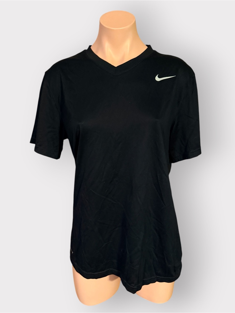 ⁠Nike Dri FIT Womens Medium Black V Neck Short Sleeve Workout Running T Shirt